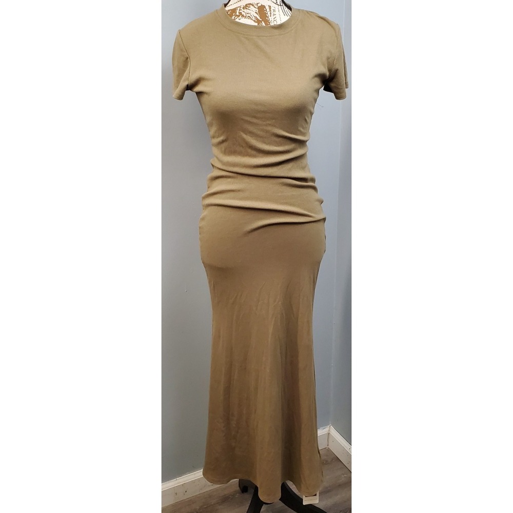 LOMON Bodycon Maxi Dress Womens Small Green Stretch Ribbed Knit Short Sleeve